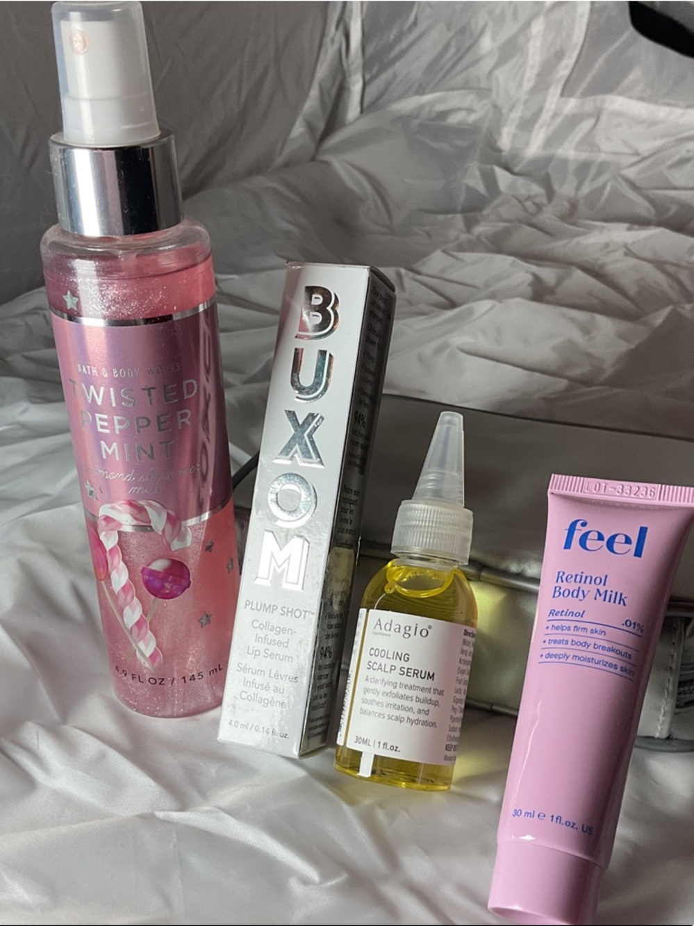 Bath & Body Works Twisted Peppermint Mist + BUXOM + Adagio + feel Skincare Duo